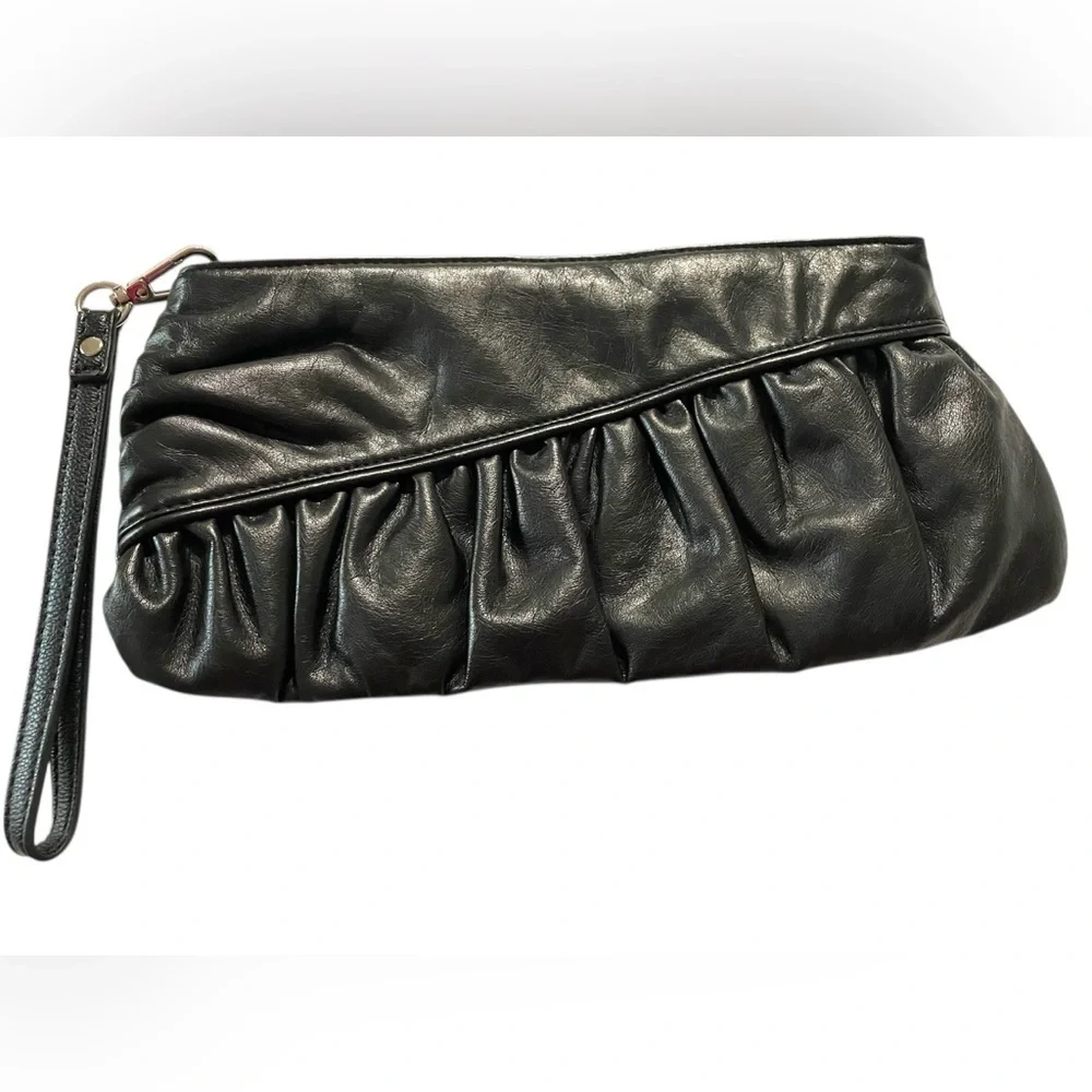 Black Ruched Faux Leather Wristlet Clutch Purse | Soft Slouchy Evening Bag